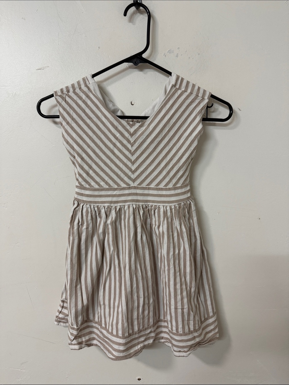 Tahari Beige and White Striped V‑Neck Girls Dress